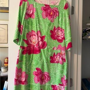 Lilly Pulitzer Green Floral Shift Dress with Pink Lotus Print